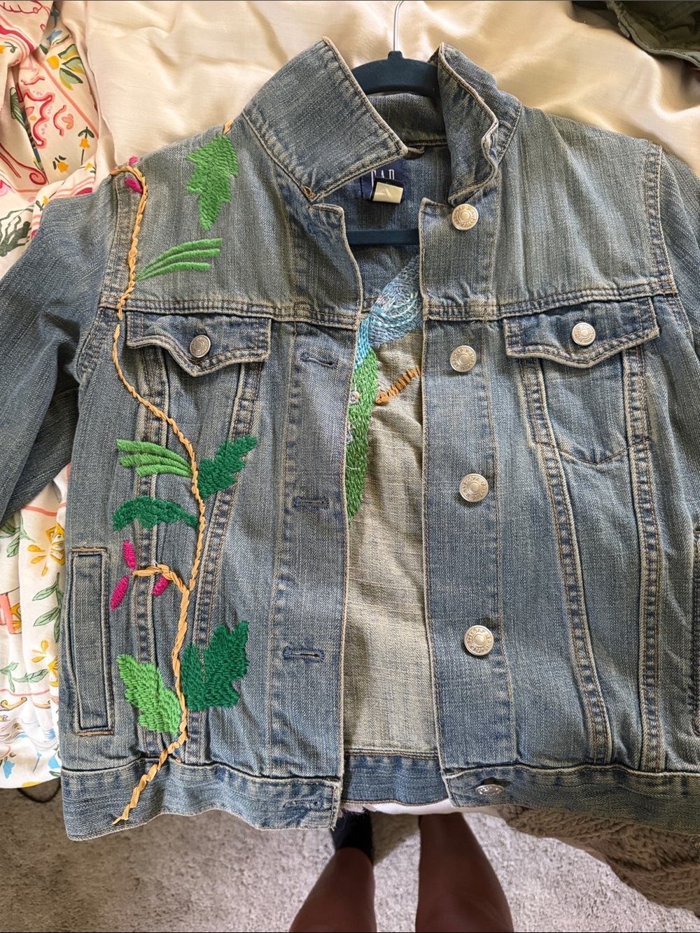GAP Light Blue Denim Jacket with Green & Pink Embroidered Vines
